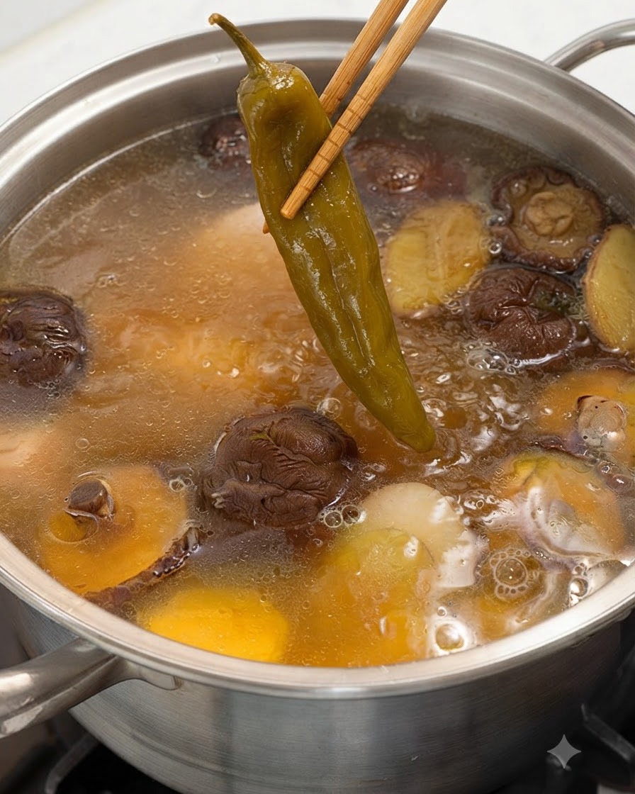 Stäbchen halten eine ganze eingelegte grüne Chilischote über einen Topf mit dampfender Hähnchen- und Pilzsuppe.