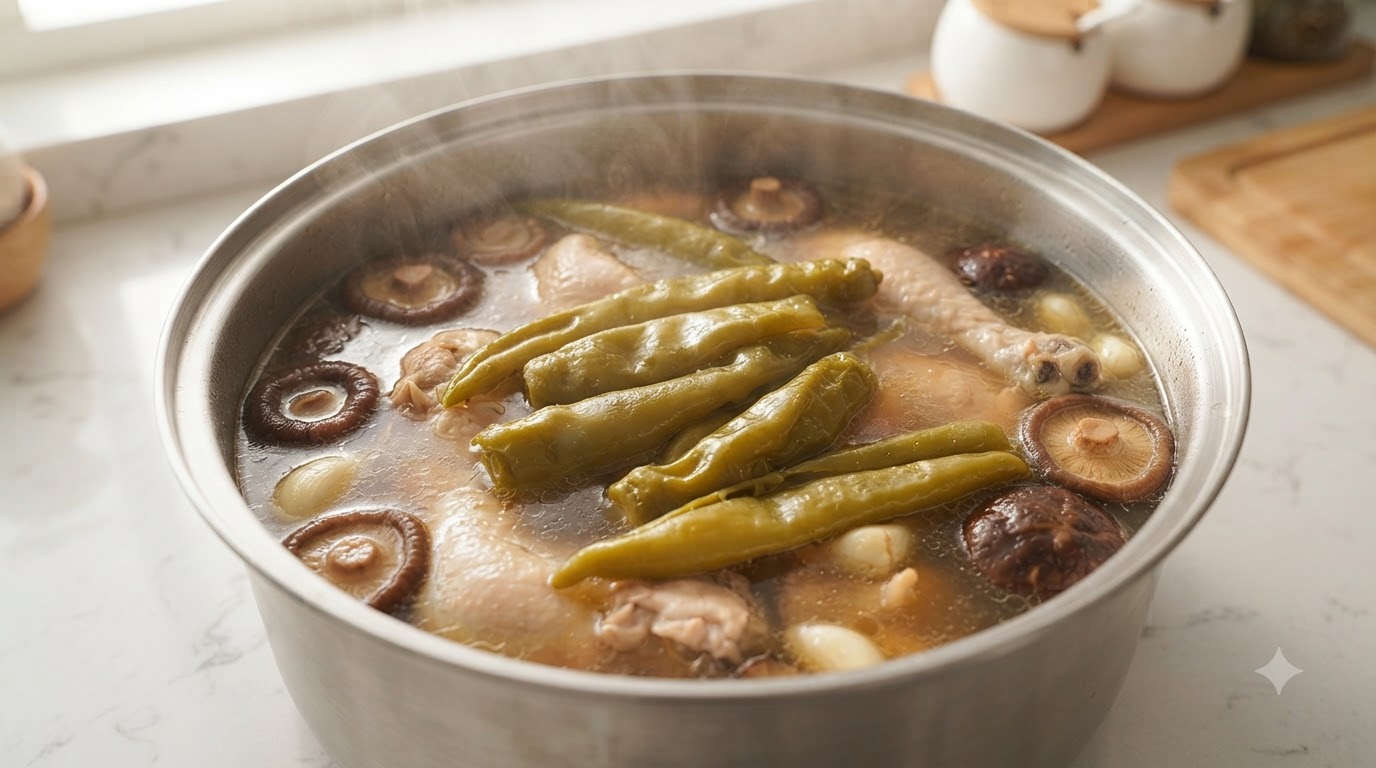 Ein dampfender Topf taiwanischer Hühnersuppe mit eingelegten Chilischoten, gefüllt mit ganzen grünen Chilischoten, zartem Hähnchen und Shiitake-Pilzen.
