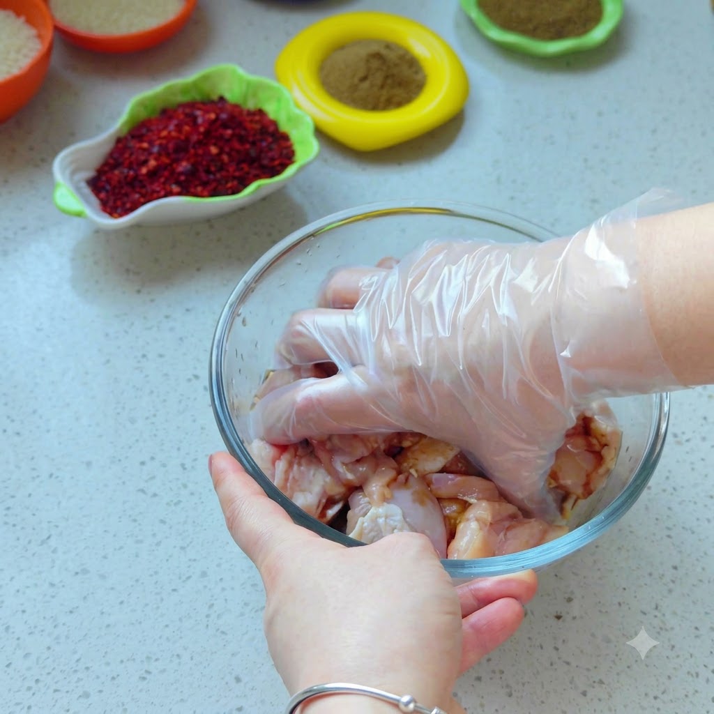 Eine Hand mit Plastikhandschuh mischt rohe Hähnchenstücke in einer klaren Glasschüssel gründlich durch.