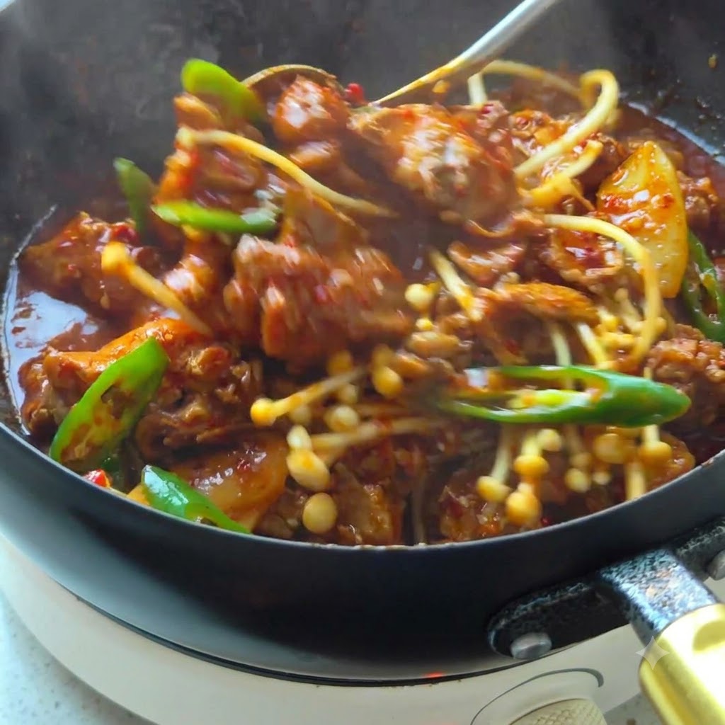 Hähnchenstücke werden im Wok angebraten, bis ihre Oberfläche goldbraun wird.