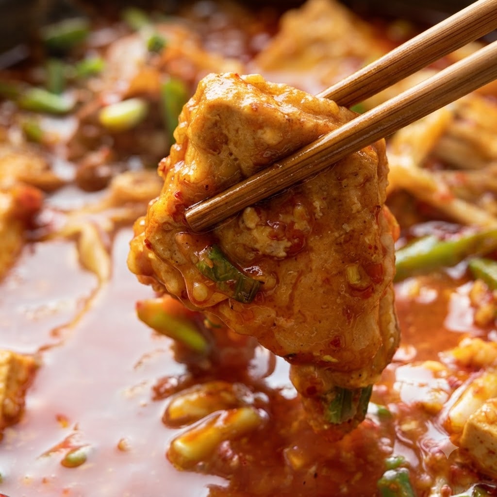 Die vorbereitete rote Chili- und Gewürzsauce wird vollständig in den Wok zum Hähnchen gegossen.