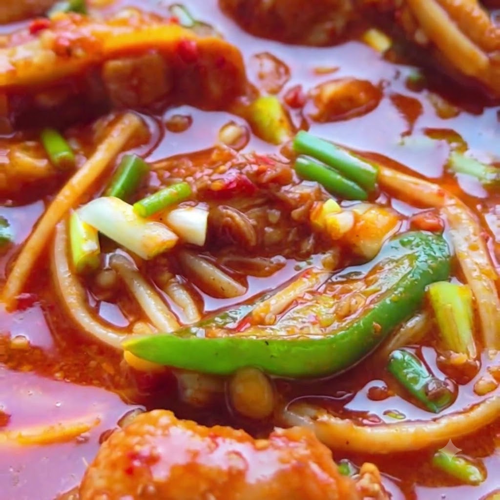 Heißes Wasser wird über das Hähnchen und die Gewürze in den Wok gegossen.