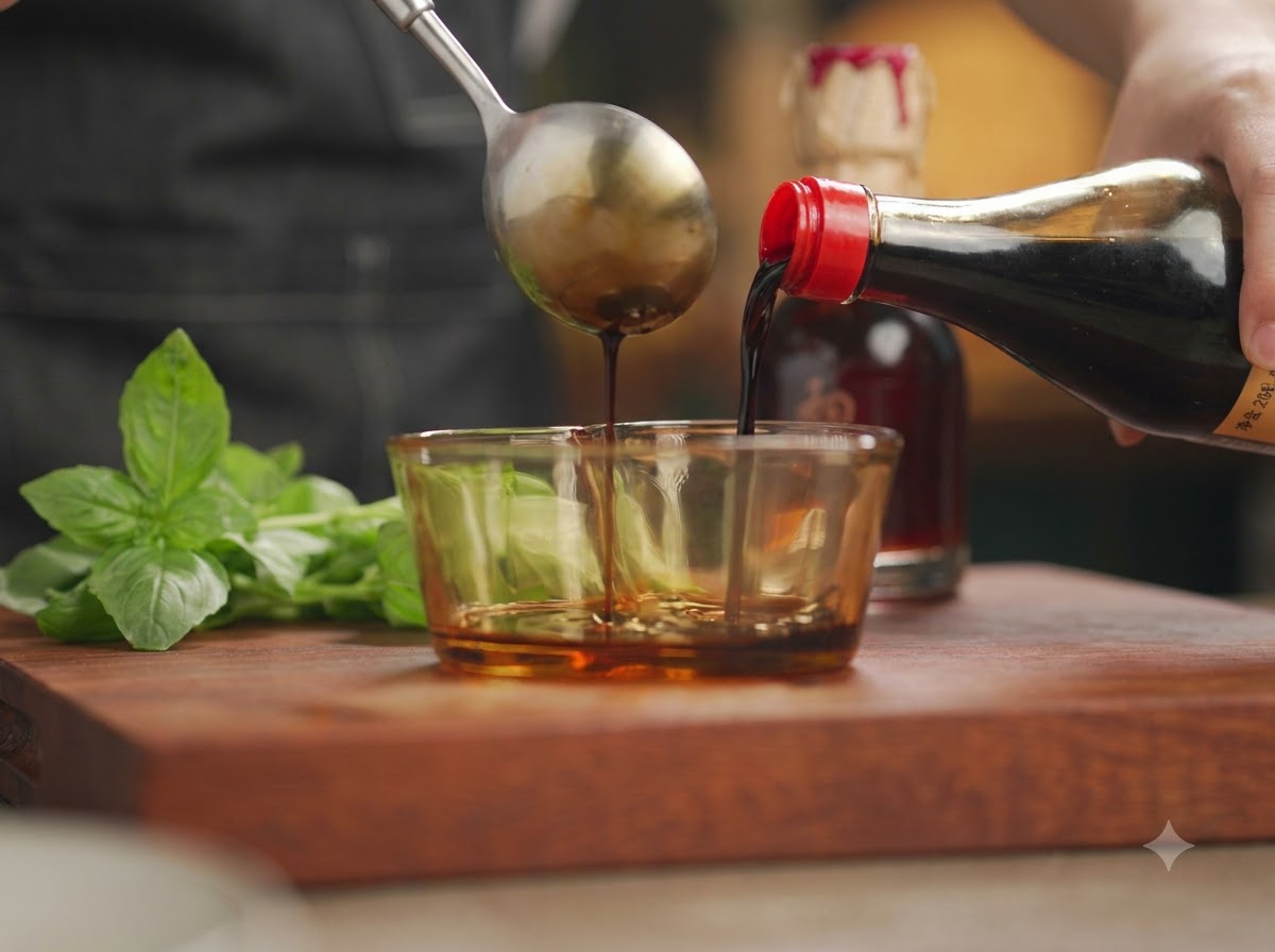 Helle Sojasoße und andere Flüssigkeiten werden aus einer Flasche und einem Löffel in eine kleine Glasschüssel gegossen.