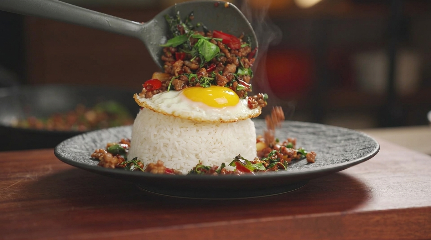 Authentisches Thai Basil Minced Pork Rice (Pad Kra Pao Moo)
