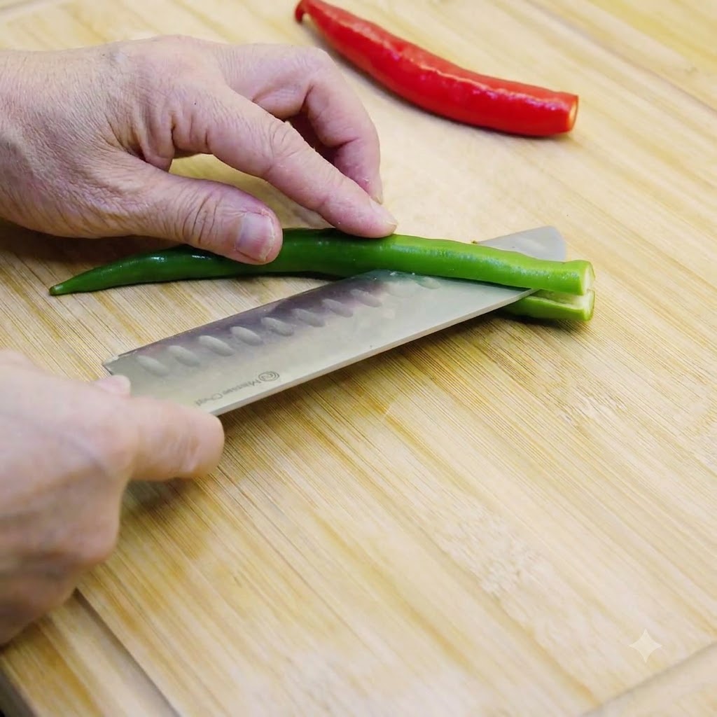 Grüne und rote Chilis werden auf einem Holzbrett geschnitten und entkernt.