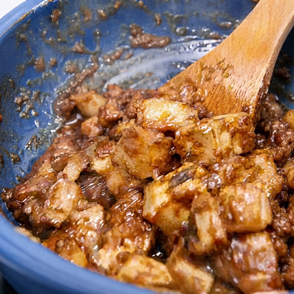 Gemixte Belacan-Paste und Öl kochen in einem blauen Topf.