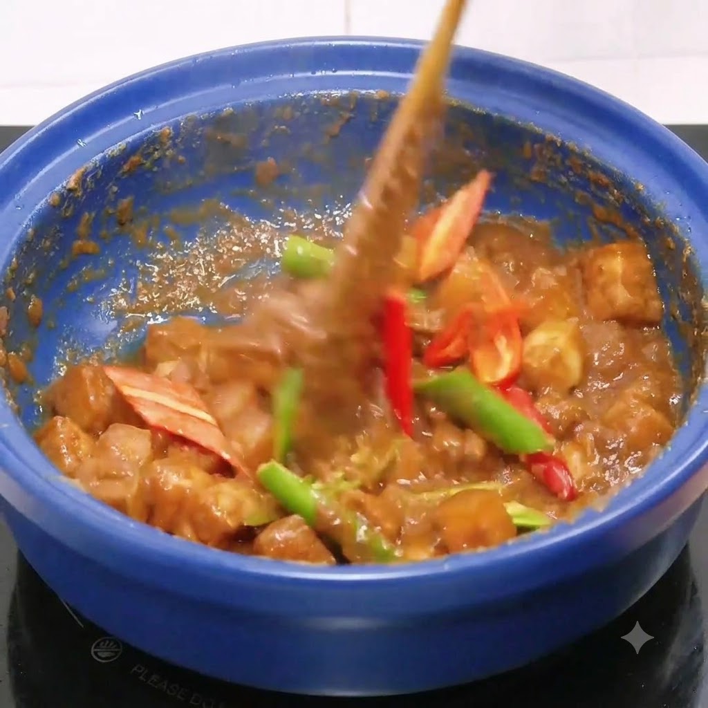 Blanchierte Schweinebauchstückchen werden in einem blauen Topf mit der Paste vermischt.