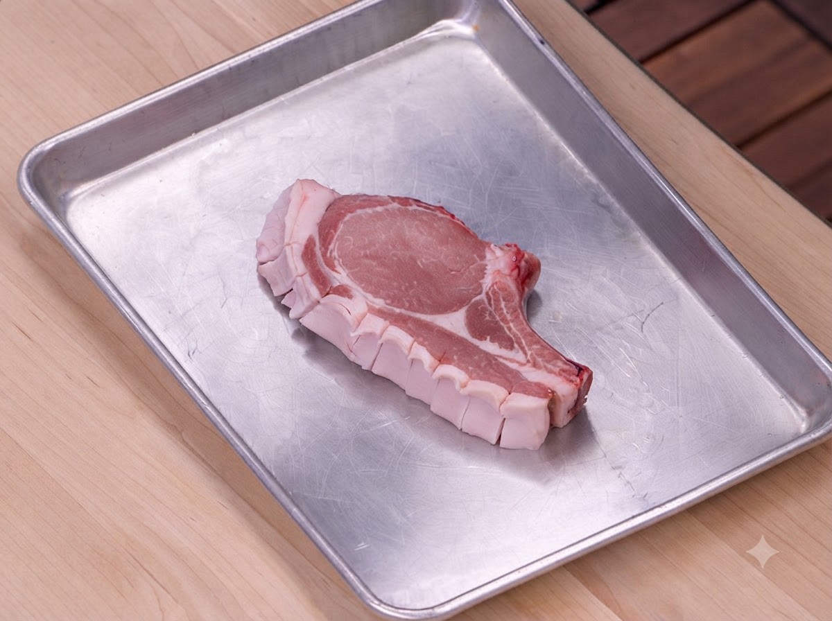Ein rohes Schweinekotelett auf einem Metalltablett, bestreut mit Salz und schwarzem Pfeffer.