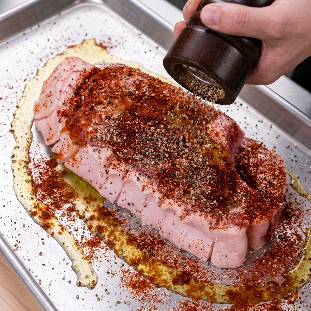 Olivenöl, geräuchertes Paprikapulver und Chilipulver werden auf ein rohes Schweinekotelett gegeben.