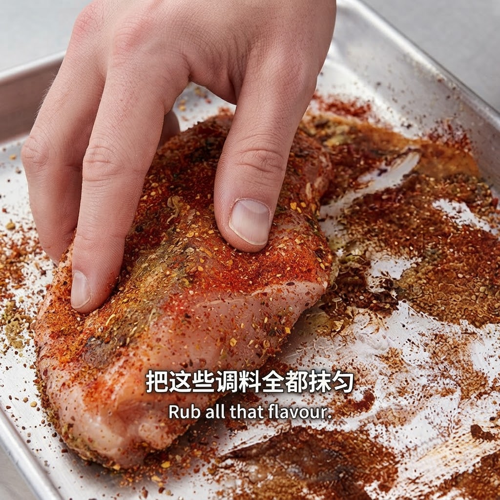 Eine Hand massiert die Gewürzmischung und das Öl in ein rohes Schweinekotelett ein.