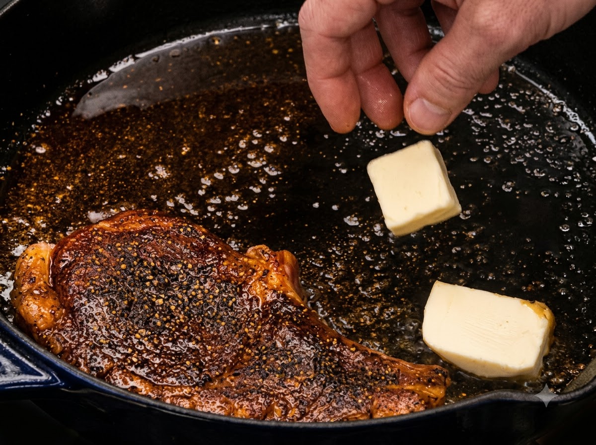 Butterstücke und Thymianzweige neben einem anbratenden Schweinekotelett in der Pfanne.