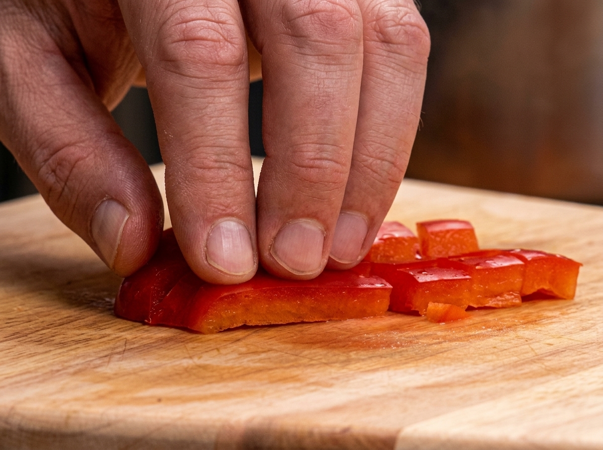 Gewürfelte rote und gelbe Paprika werden in die Gemüsemischung gegeben.