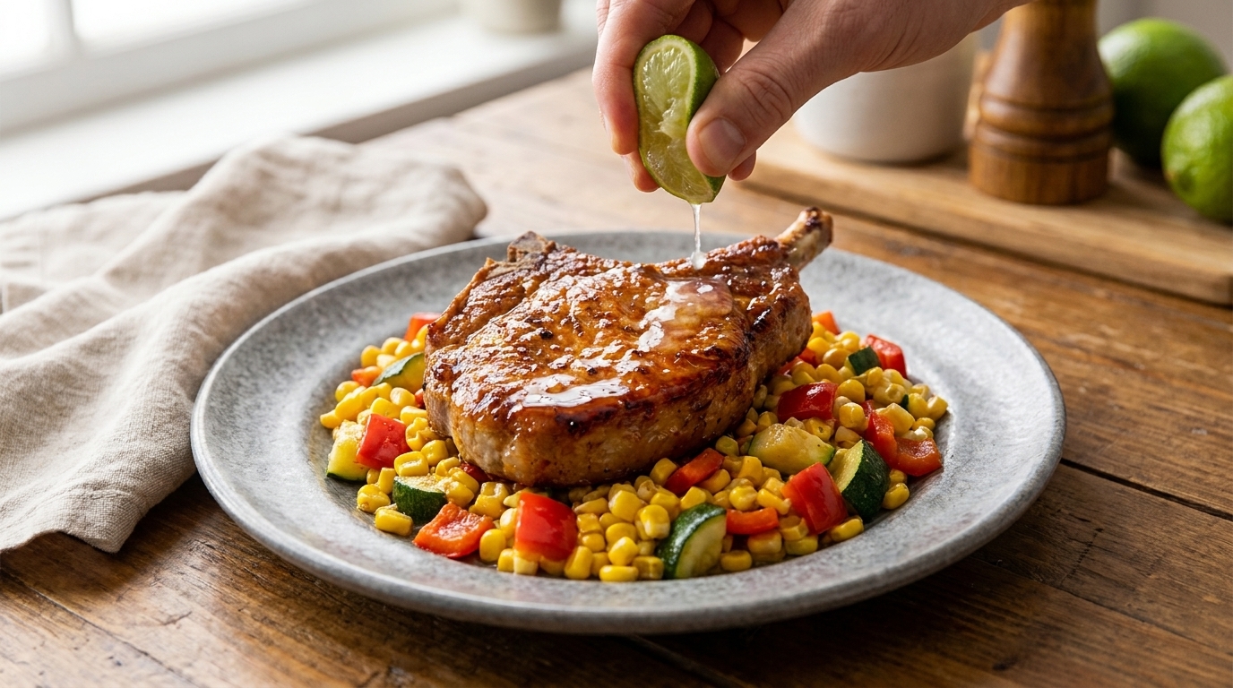 Ein wunderschön angerichtetes, pfannengebratenes Schweinekotelett auf einem bunten Gemüsesuccotash mit einem Spritzer frischem Limettensaft.