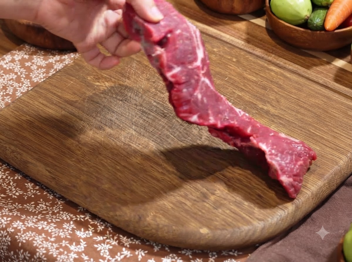 Frisches Rinderfilet wird auf einem Holzschneidebrett in Stücke geschnitten.