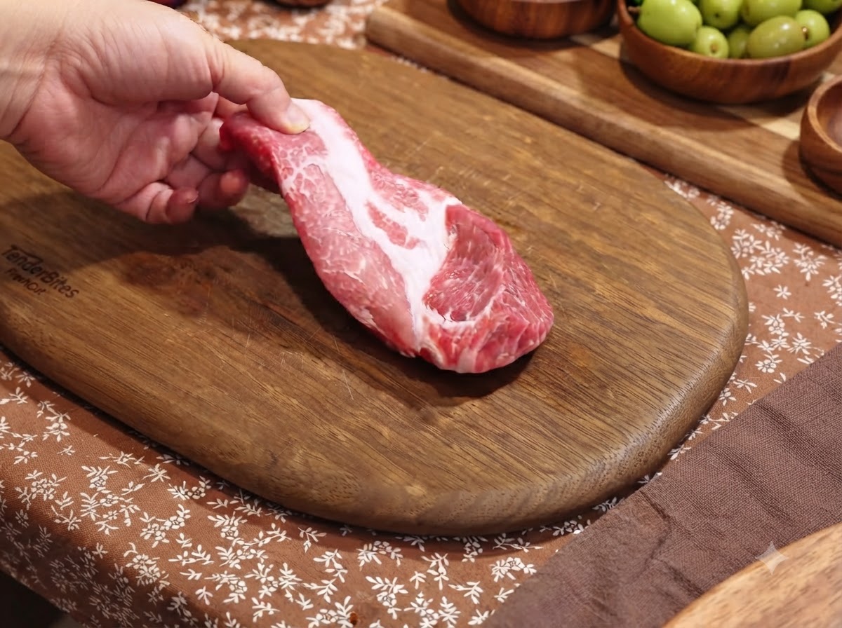 Ein rohes Schweineschulterkotelett wird von einer Hand über einem Holzschneidebrett gehalten.