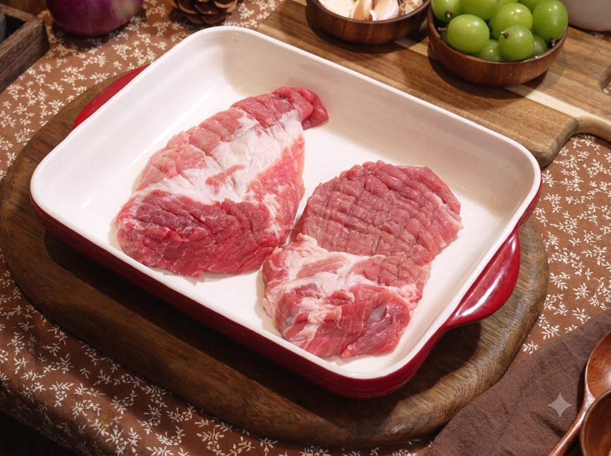 Rohe Schweinekoteletts liegen in einer weißen Auflaufform, gewürzt und bereit zum Marinieren.