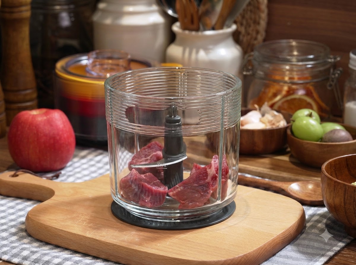 Rohe Rindfleischstücke befinden sich in der Glasschüssel einer Küchenmaschine.