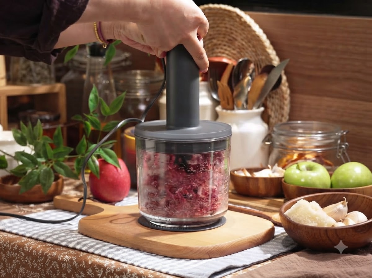 Fein gehacktes Rindfleisch in einem Glasbehälter nach der Verarbeitung.