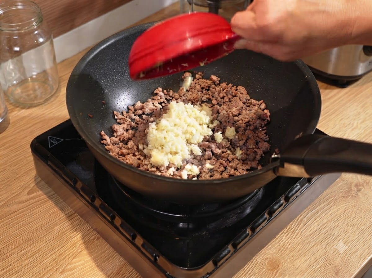 Gehackter Knoblauch und gewürfelte rote Zwiebeln werden in die Pfanne mit dem angebratenen Rindfleisch gegeben.
