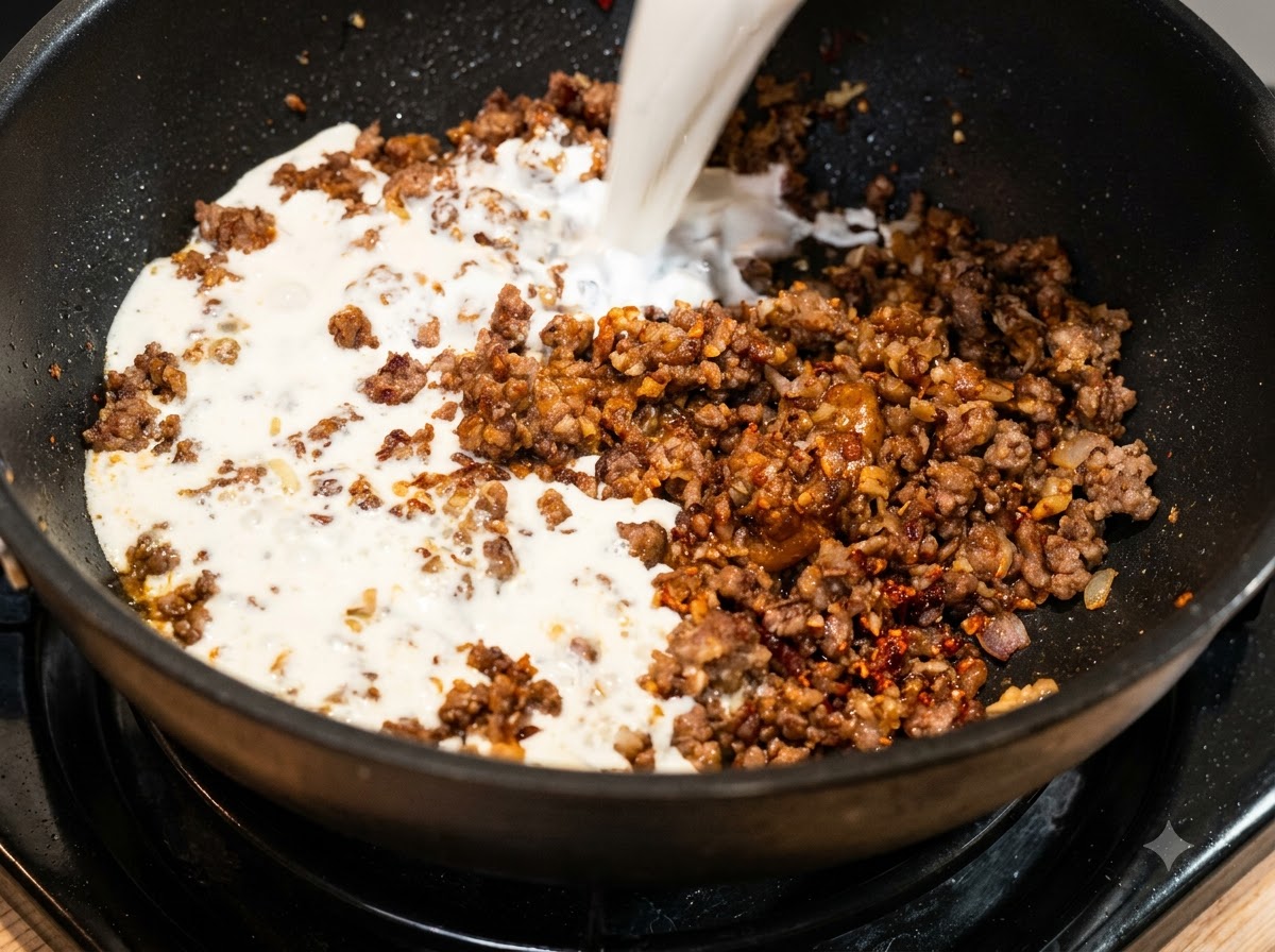 Milch wird zu der gekochten Rindfleisch-Zwiebel-Mischung in die Pfanne gegeben.