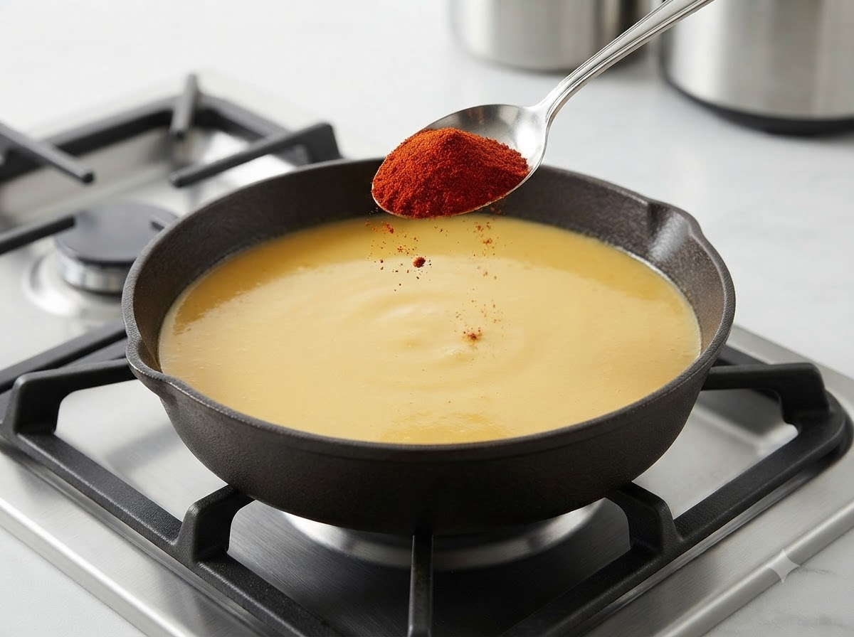 Edelsüßes Paprikapulver wird mit einem Löffel in die köchelnde Currysoße gegeben.