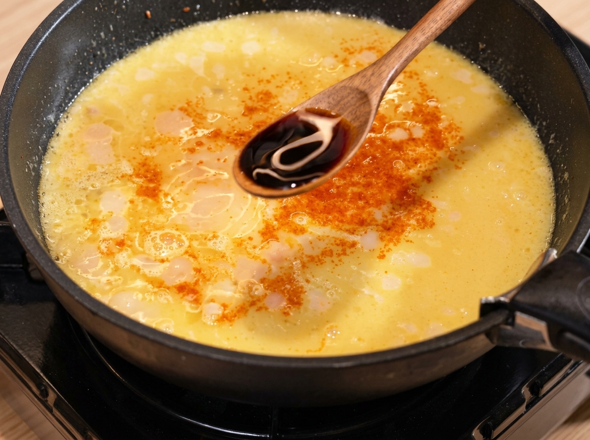 Helle Sojasoße wird aus einem Holzlöffel in die blubbernde Currysoße in einer schwarzen Pfanne gegossen.