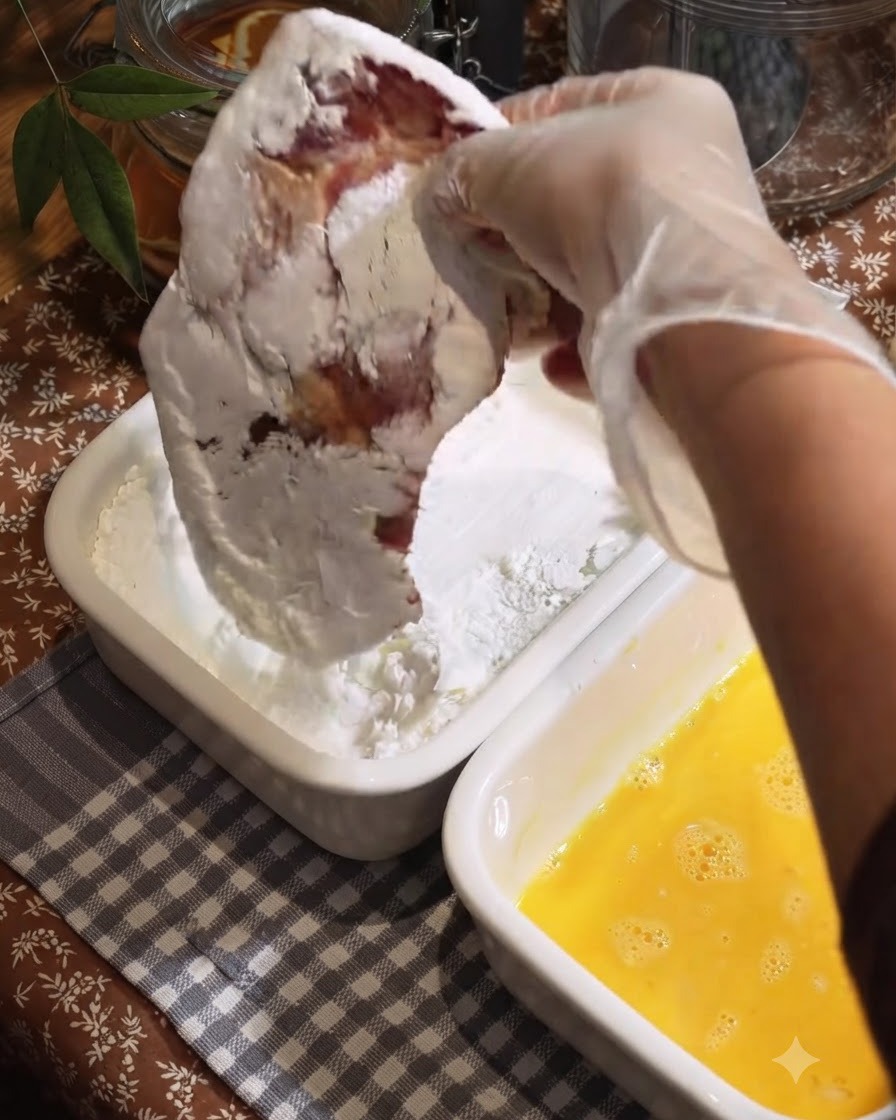 Ein mariniertes Schweinskotelett wird in einer weißen Schale mit Stärke umhüllt.