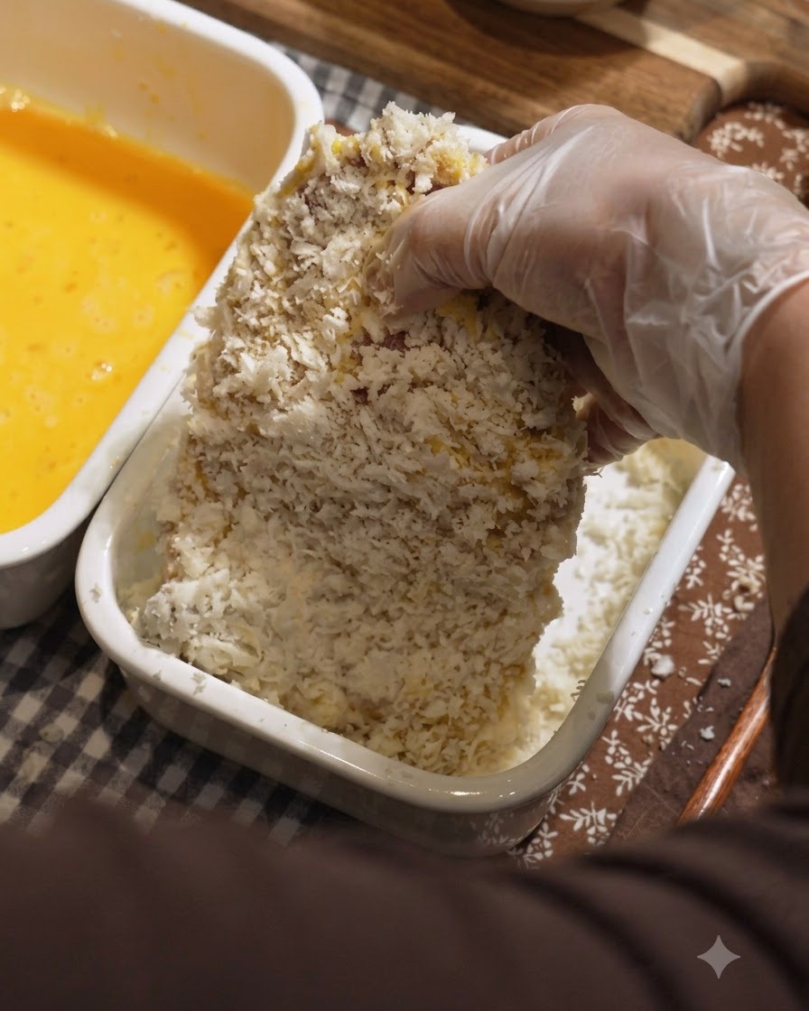 Eine handschuhbedeckte Hand paniert ein mit Ei benetztes Fleischkotelett mit Paniermehl in einem weißen Keramikbehälter.