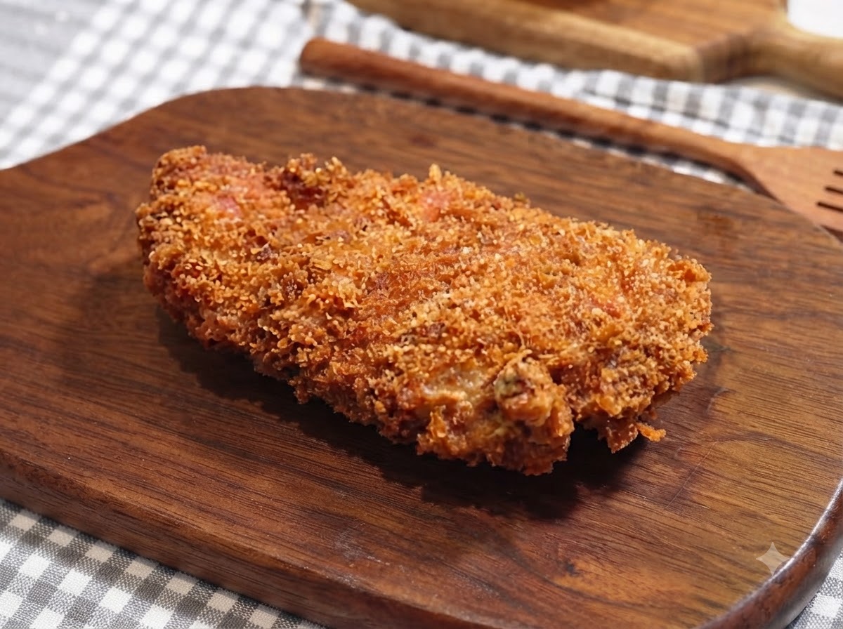 Ein frisch frittiertes, goldbraunes Schweineschnitzel ruht auf einer Holzschneideunterlage.