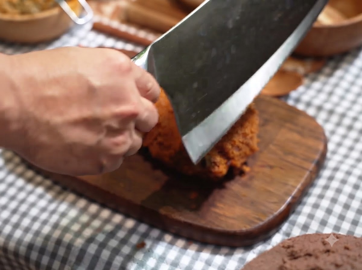 Ein Hackmesser schneidet durch ein knusprig frittiertes Schweineschnitzel auf einem Holzbrett.