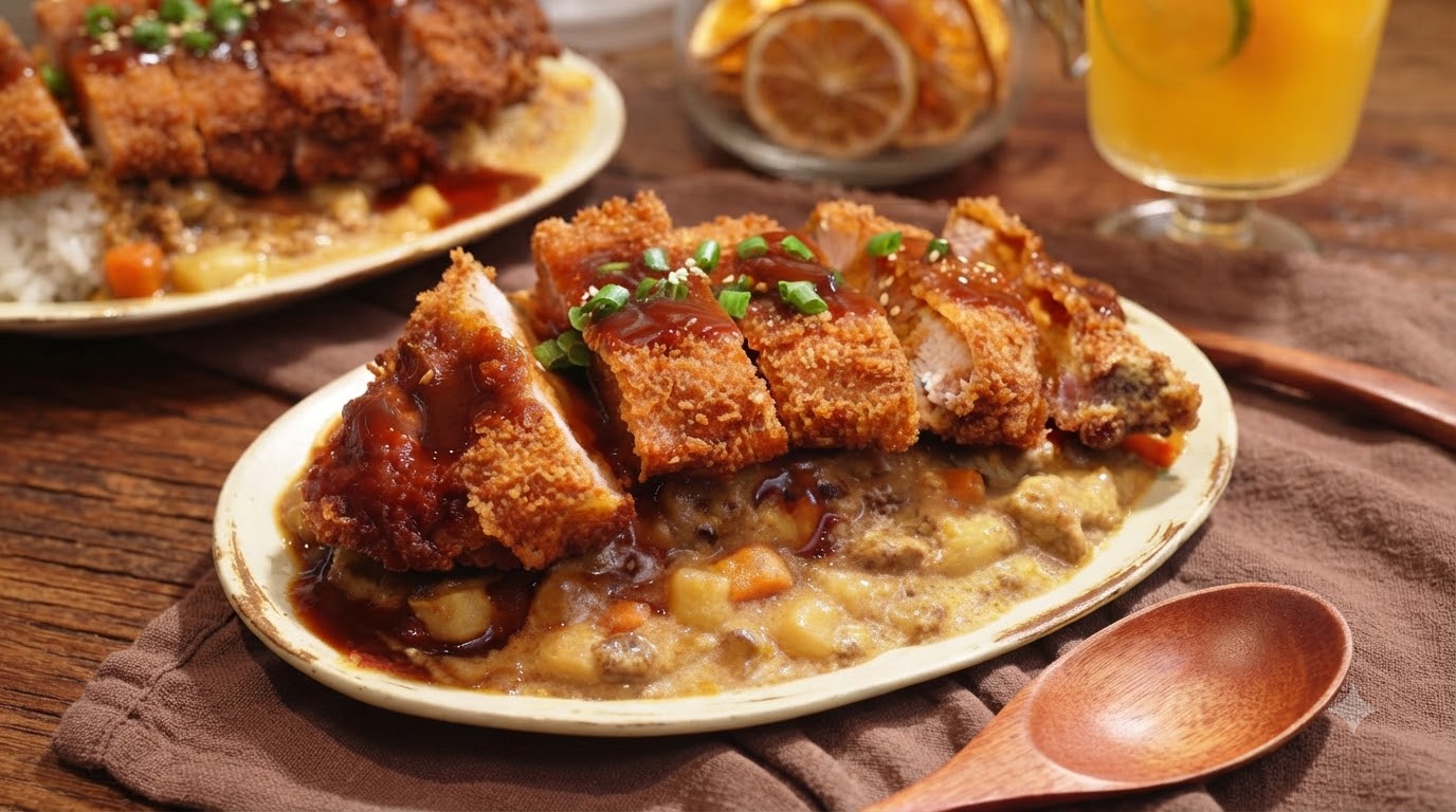 Knuspriges Schweineschnitzel auf Reis mit reichhaltiger Currysoße