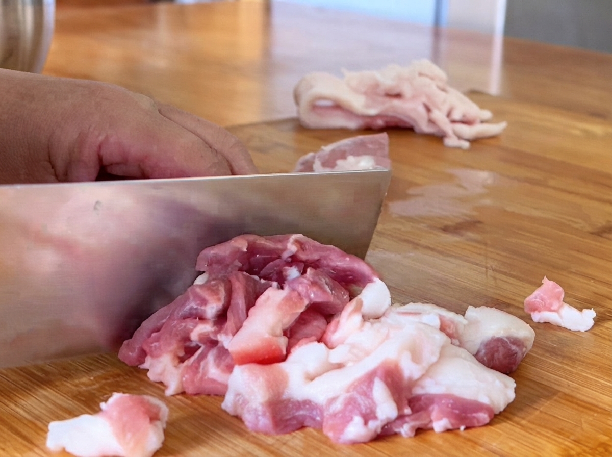 Schweinefleischscheiben werden auf einem Holzschneidebrett geschnitten.