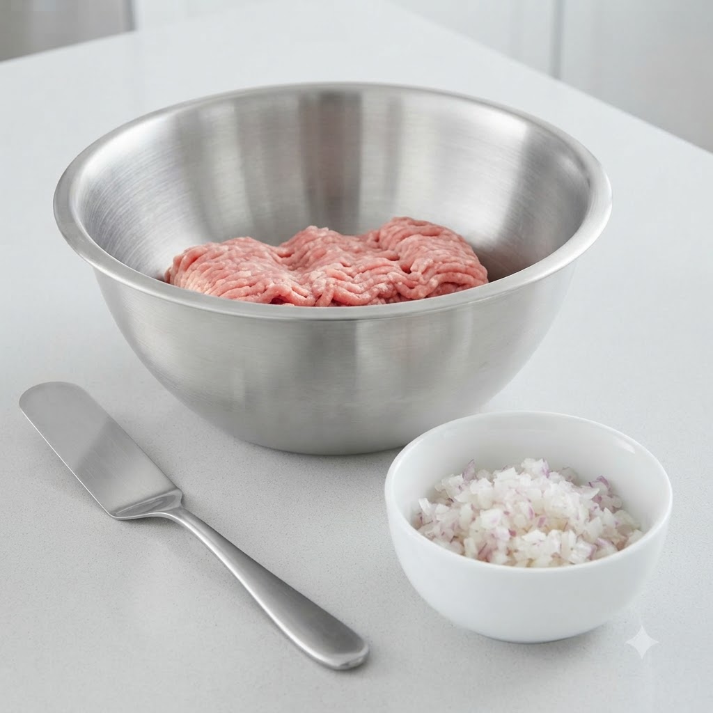 Eine Rührschüssel mit Hackfleischpaste neben einer Schüssel mit gehackten Zwiebeln und einem Spatel.