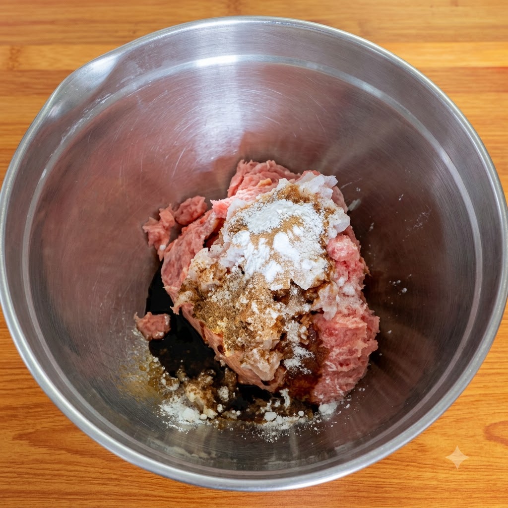 Gewürze und Hackfleisch in einer Edelstahlschüssel zusammengehäuft.