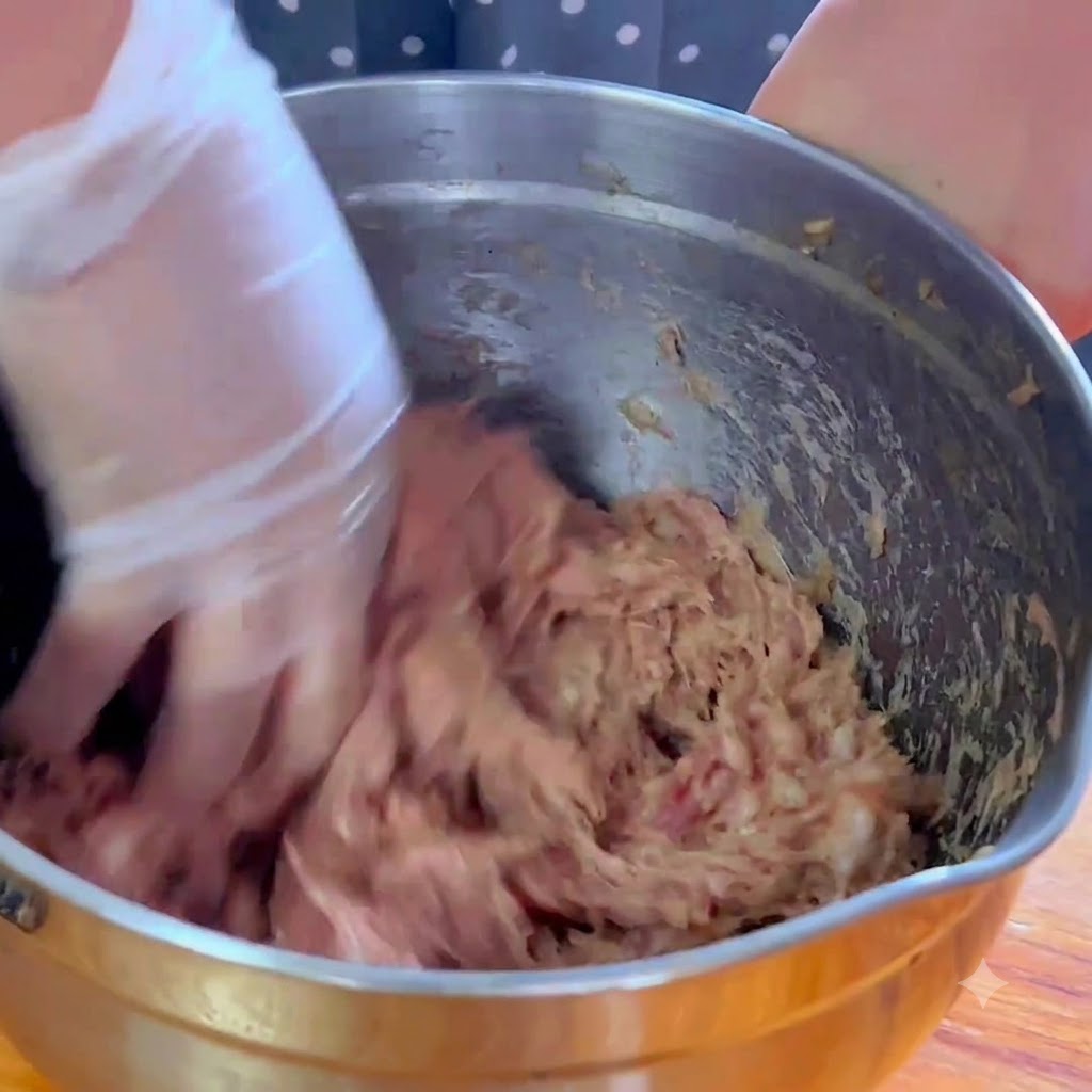 Eine be Handschuhe getragene Hand mischt und knetet das gewürzte Schweinefleisch in einer Metallschüssel.