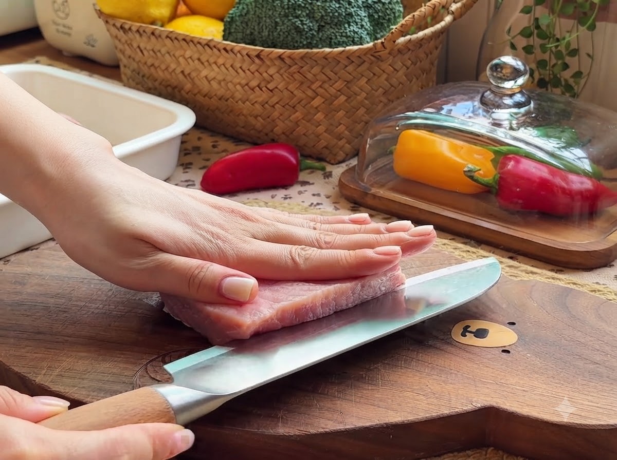 Eine Hand hält ein Kochmesser und schneidet ein Stück frisches rosa Schweinefilet auf einem Holzschneidebrett in zwei Hälften.