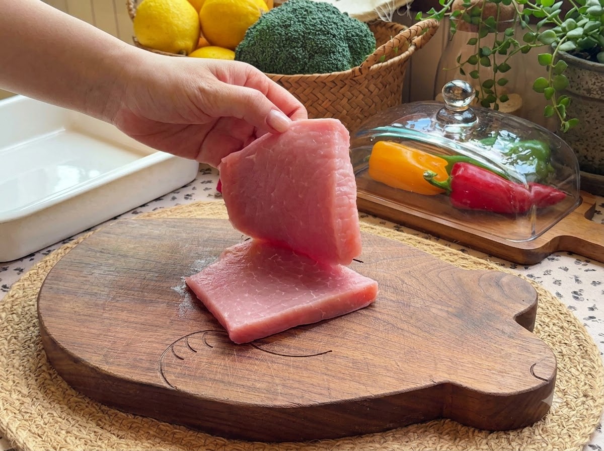 Ein Stück frisches rosa Schweinefilet wird über einem Holzschneidebrett neben einer weißen Auflaufform hochgehoben.