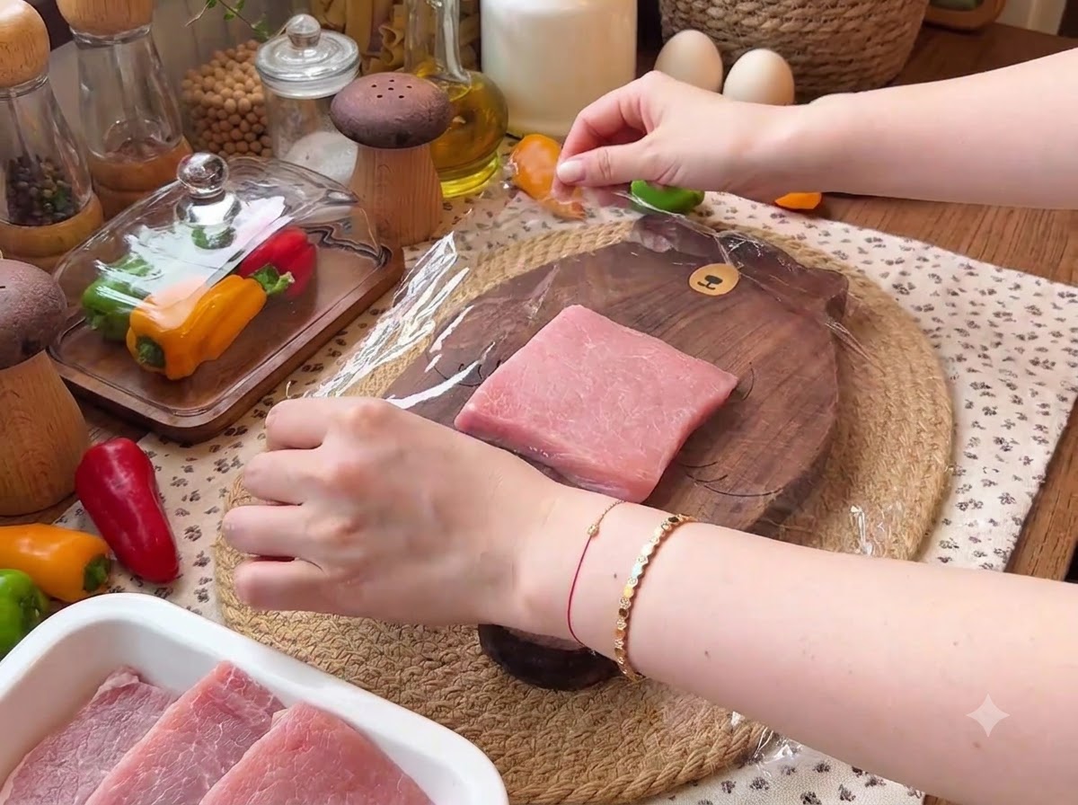 Ein Stück Schweinefilet auf einem Holzschneidebrett wird mit einer klaren Schicht Frischhaltefolie bedeckt.