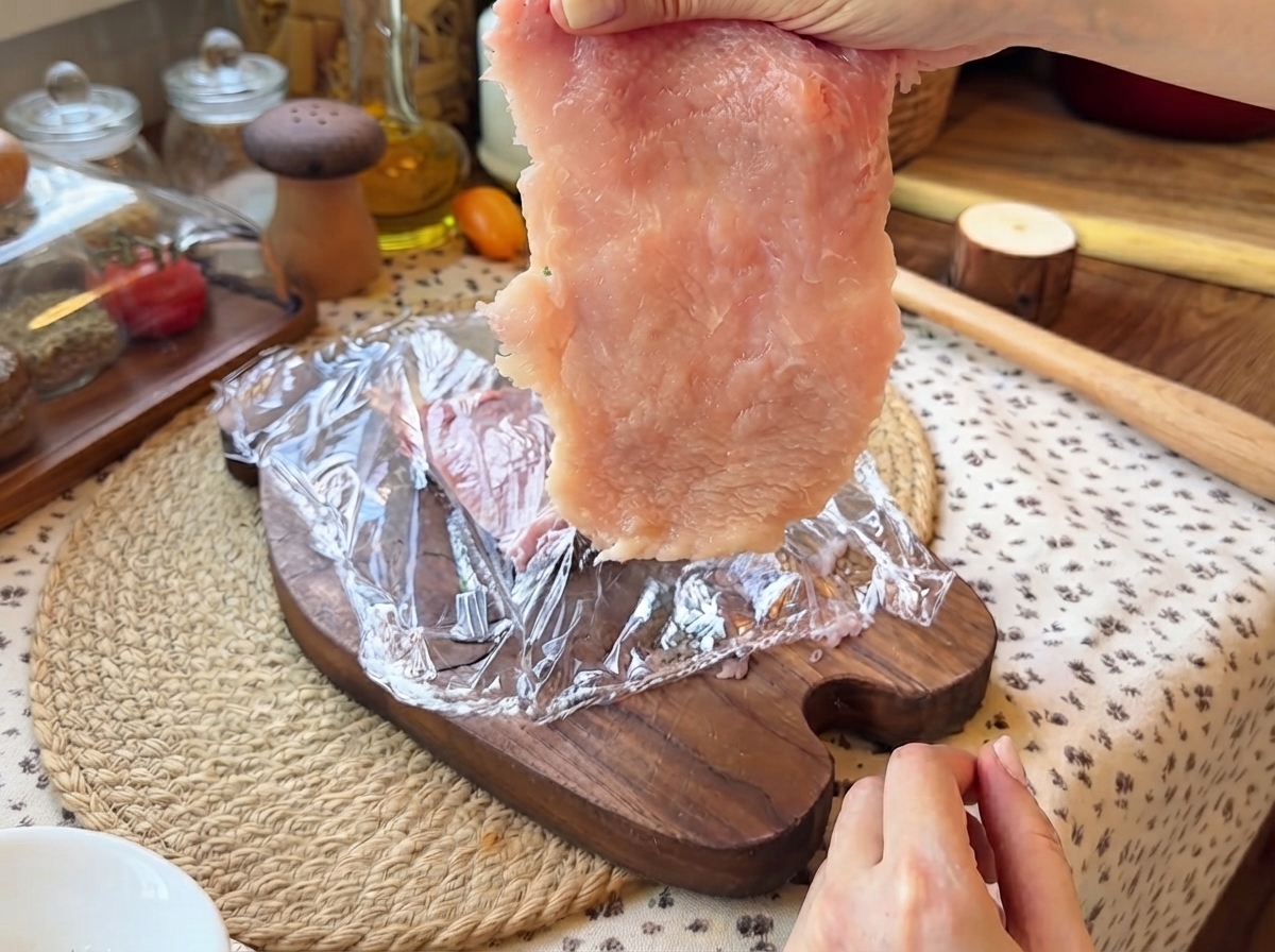 Ein frisch geklopftes und flaches Stück Schweinefilet wird über einem Holzschneidebrett mit Frischhaltefolie gehalten.