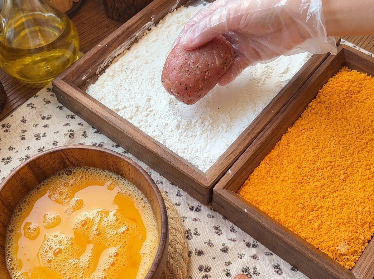 Eine handschuhbesetzte Hand hält eine Fleischrolle über ein mit Maisstärke gefülltes Holztablett, neben einer Schüssel mit verquirlten Eiern und Semmelbröseln.