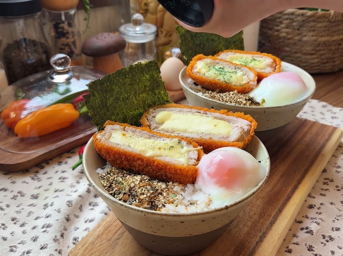 Ein fertiges Gericht aus knusprigen Käse-Schweineschnitzeln, serviert über Reis mit einem Onsen-Ei und einem Nori-Blatt in einer Keramikschüssel.