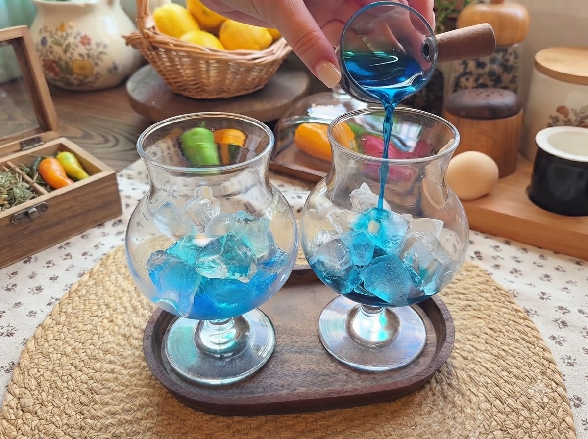Blauer Sirup wird aus einem kleinen Glasbehälter in hohe, mit Eiswürfeln gefüllte Gläser auf einem Holztablett gegossen.