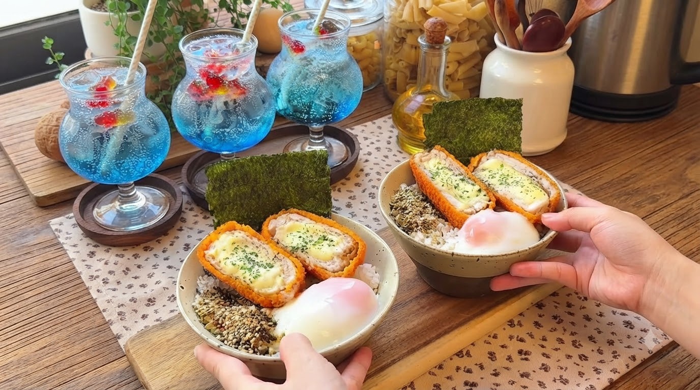 Mit Käse Gefülltes Schweineschnitzel auf Reis mit Onsen-Ei und Blauem Goldfisch-Sektgetränk