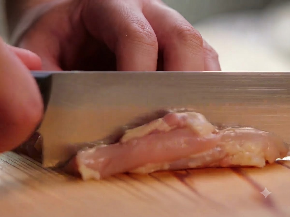 Hähnchenschenkel ohne Knochen werden auf einem Holzschneidebrett mit einem Messer in kleine Stücke geschnitten.