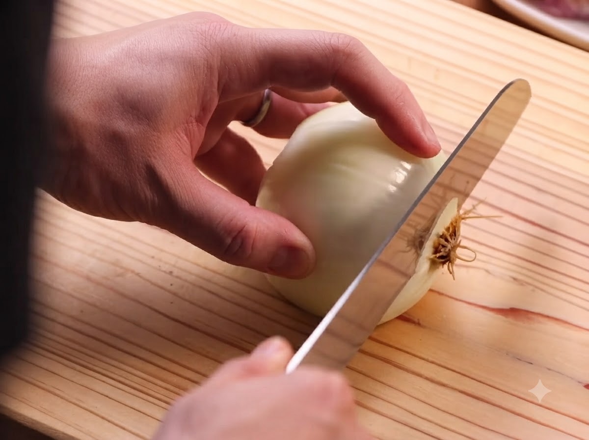 Eine Zwiebel wird mit einem Messer auf einem Holzschneidebrett in dünne Streifen geschnitten.