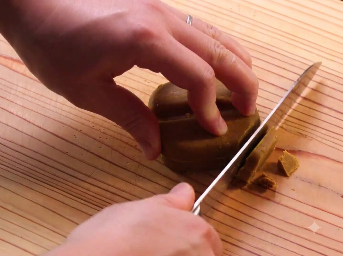 Ein Messer schneidet japanische Curry-Blöcke auf einem Holzschneidebrett durch.
