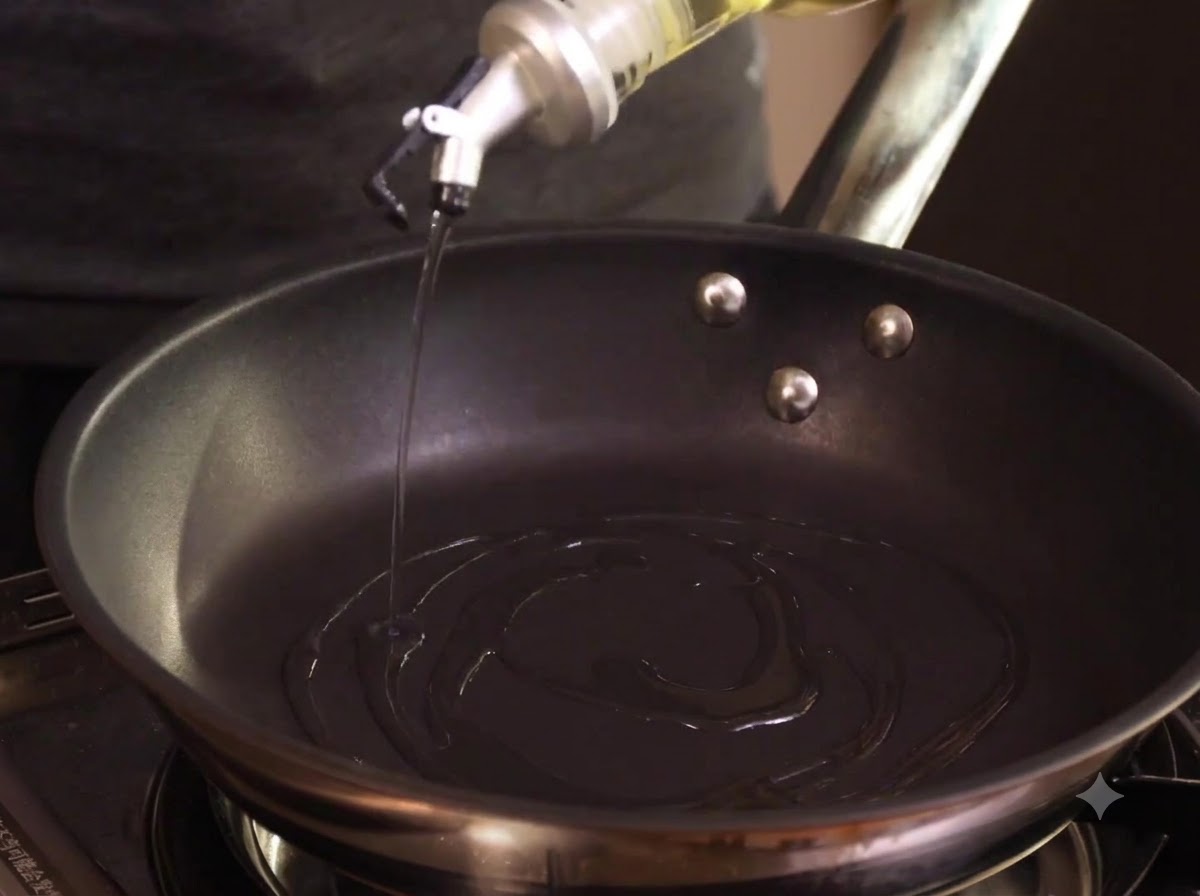 Mariniertes Hähnchen wird in eine heiße Pfanne mit Öl zum Anbraten gegeben.