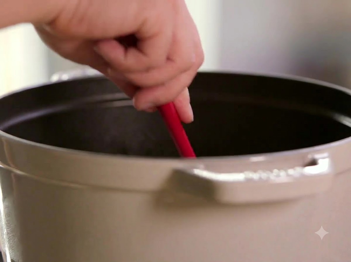 Ein roter Spatel rührt geschnittene Zwiebeln in einem Kochtopf um.