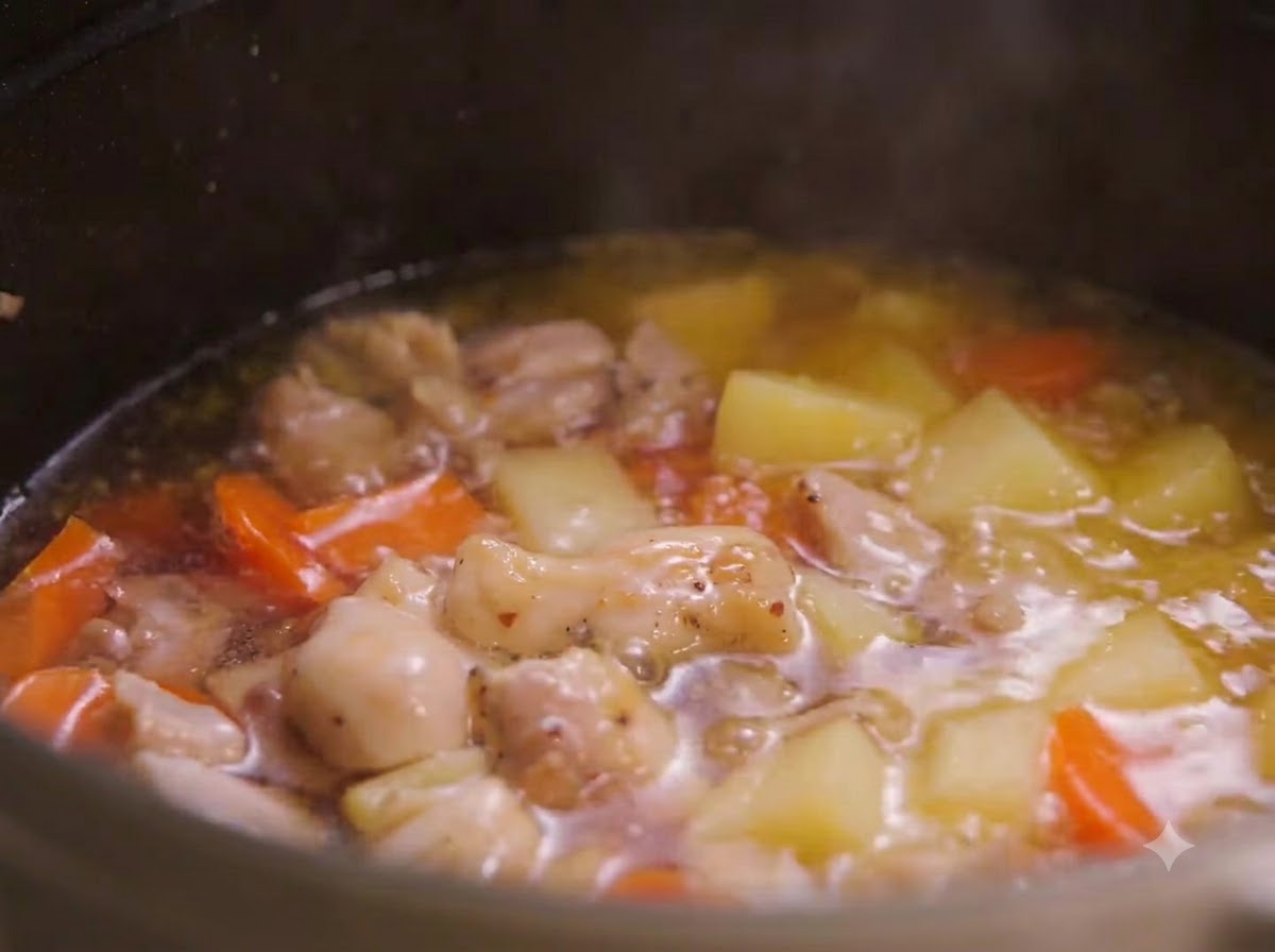 Brühe blubbert in einem Topf mit Hähnchen, Kartoffeln und Karotten, während sich das Curry auflöst.