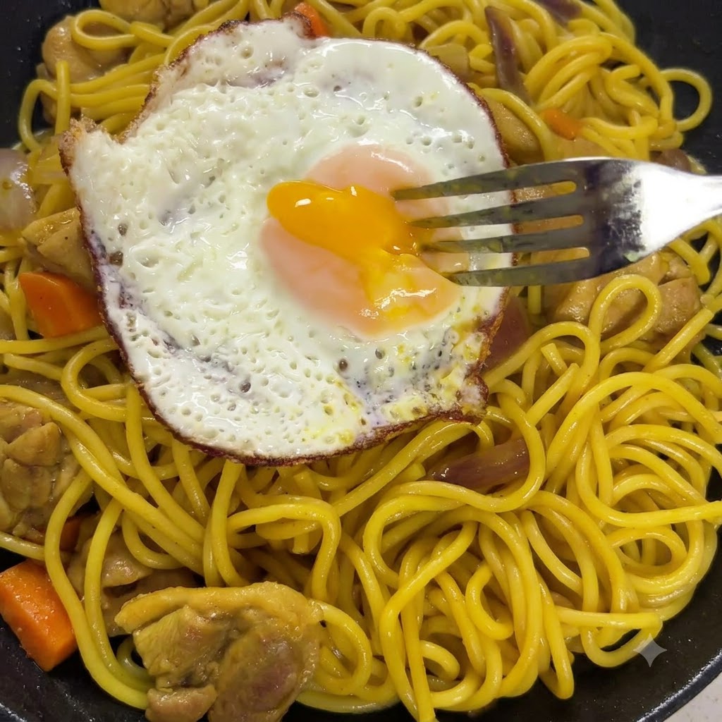 Nudeln werden mit dicker Currysauce in der Pfanne angehoben und vermischt.